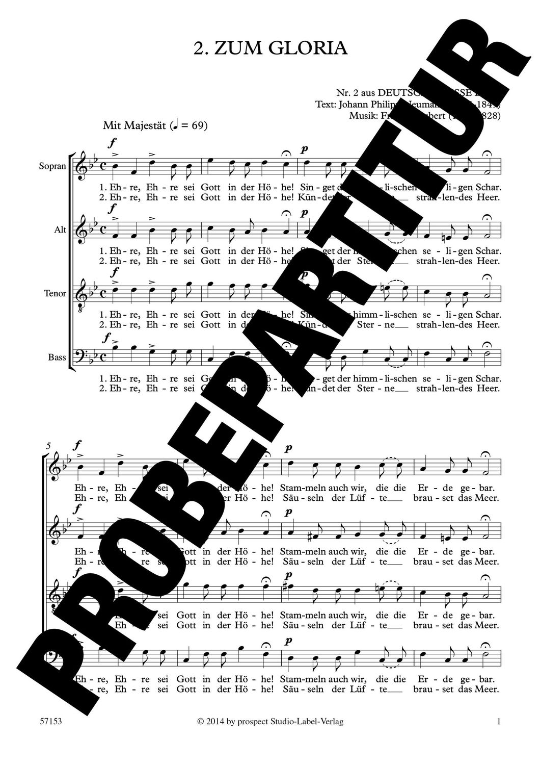 Franz Schubert: Deutsche Messe: 2. Zum Gloria | Chor SATB a cappella oder gemischter Chor SATB mit Orgel oder Orchester | Chorpartitur | PDF