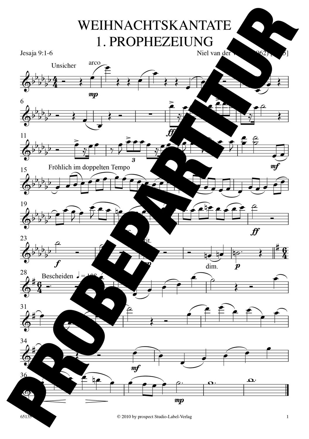 Niel van der Watt: Kerskantate | Sopran und Bariton solo, Chor SATB, Orgel und Streichorchester | Violine I | PDF