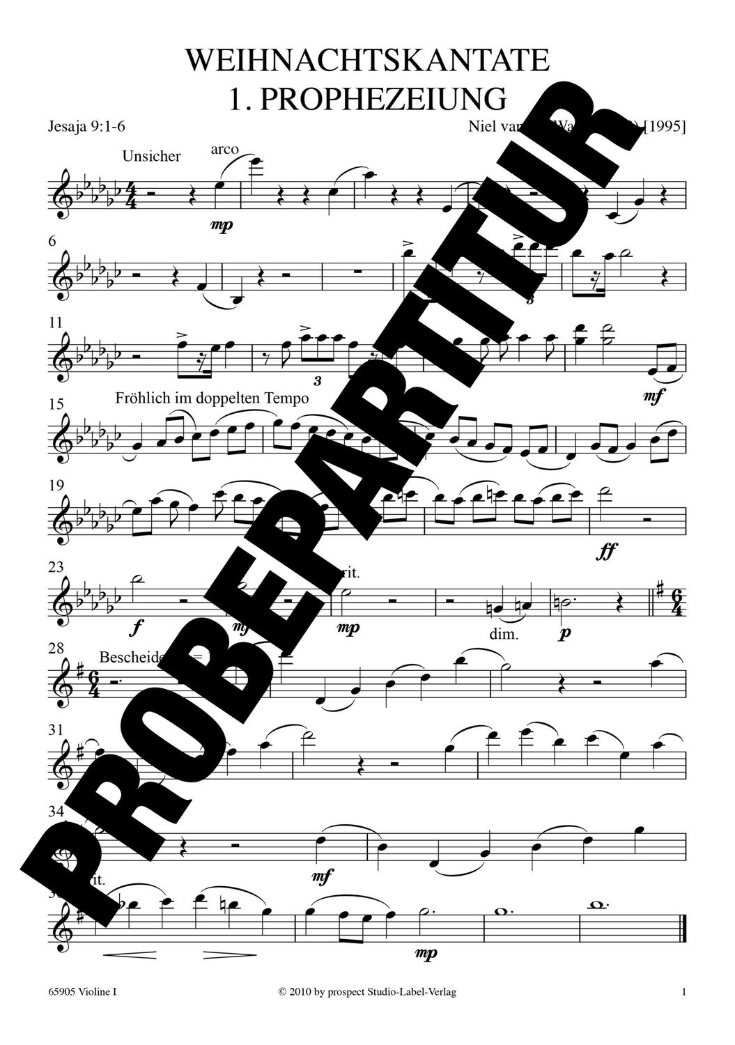 Niel van der Watt: Weihnachtskantate | Sopran und Bariton solo, Chor SATB, Orgel und Streichorchester | Violine I | PDF