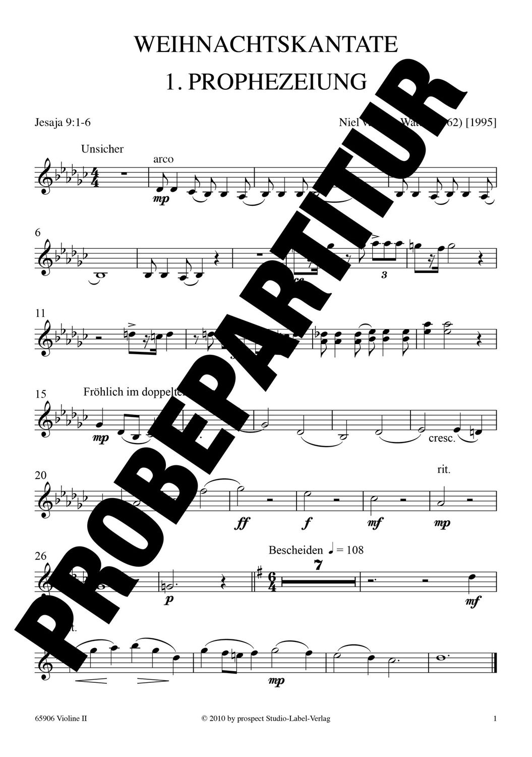 Niel van der Watt: Weihnachtskantate | Sopran und Bariton solo, Chor SATB, Orgel und Streichorchester | Violine II | PDF