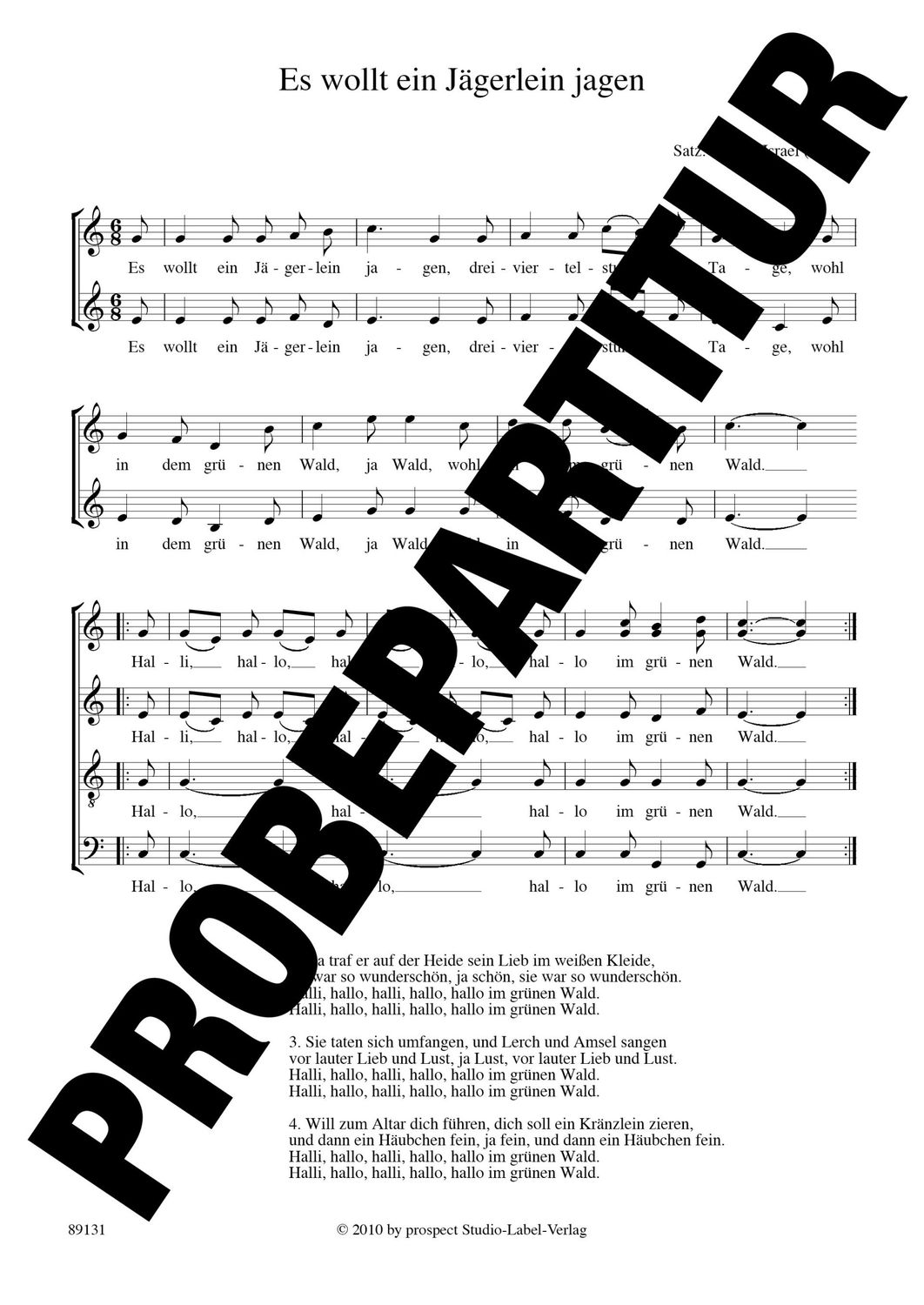 arr. Traditionell (arr. Helfrid Israel): Es wollt ein Jägerlein jagen | Chor SATB | Partitur | PDF