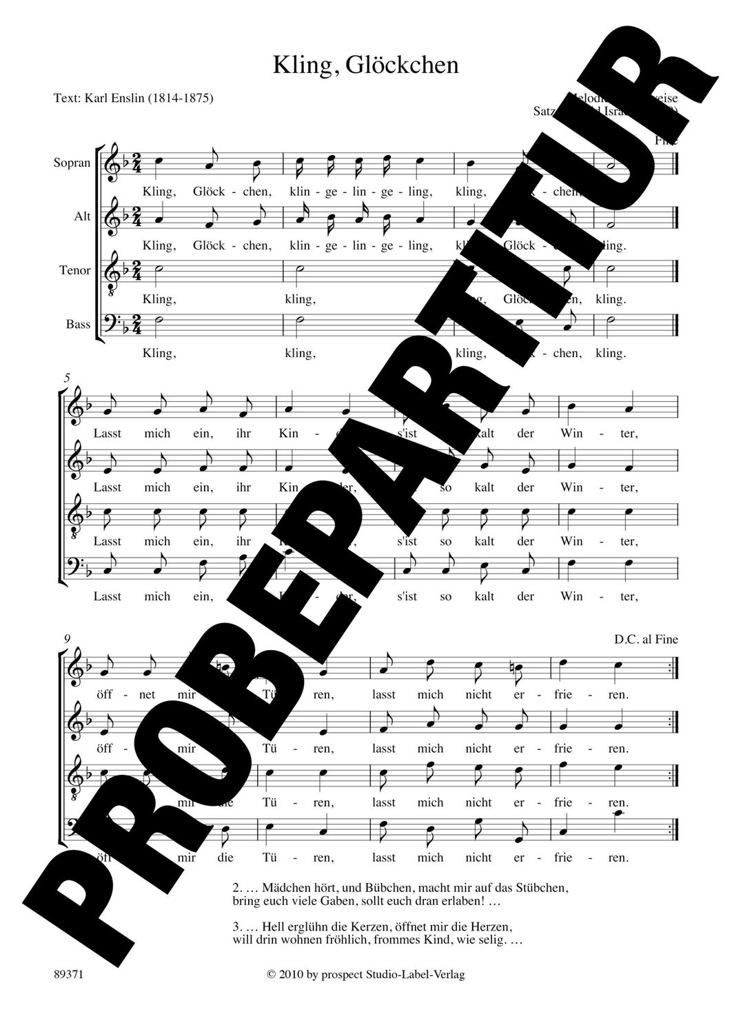 Traditionell (arr. Helfrid Israel): Kling, Glöckchen | Chor SATB | Partitur | PDF