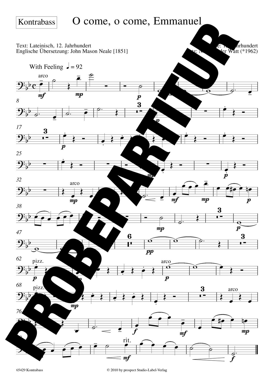 arr. Niel van der Watt: O come, o come, Emmanuel | Chor SSA, Streicher und Orgel | Kontrabass | PDF