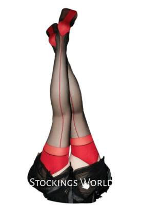 Fully Fashioned Stockings Seamed Bi-Colour Black and Red 