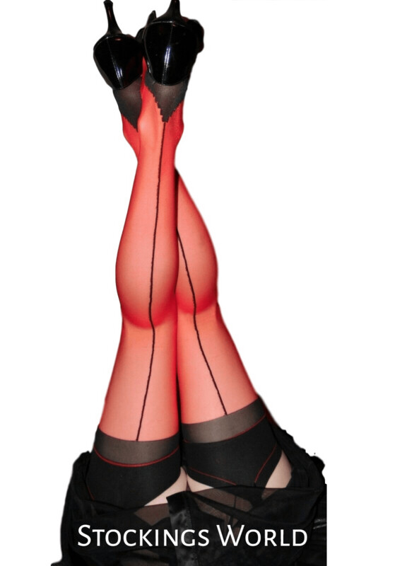 Fully Fashioned Stockings Seamed Bi-Colour Black and Red "The Burlesque" SMALL/MEDIUM