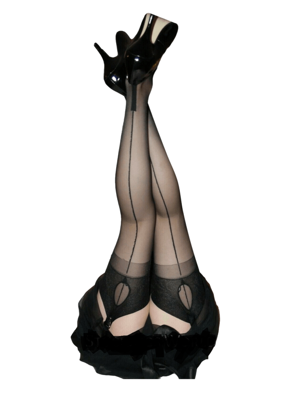 Fully Fashioned Stockings NYLONS Seamed Cuban Heel KEY HOLE WELT Black Medium