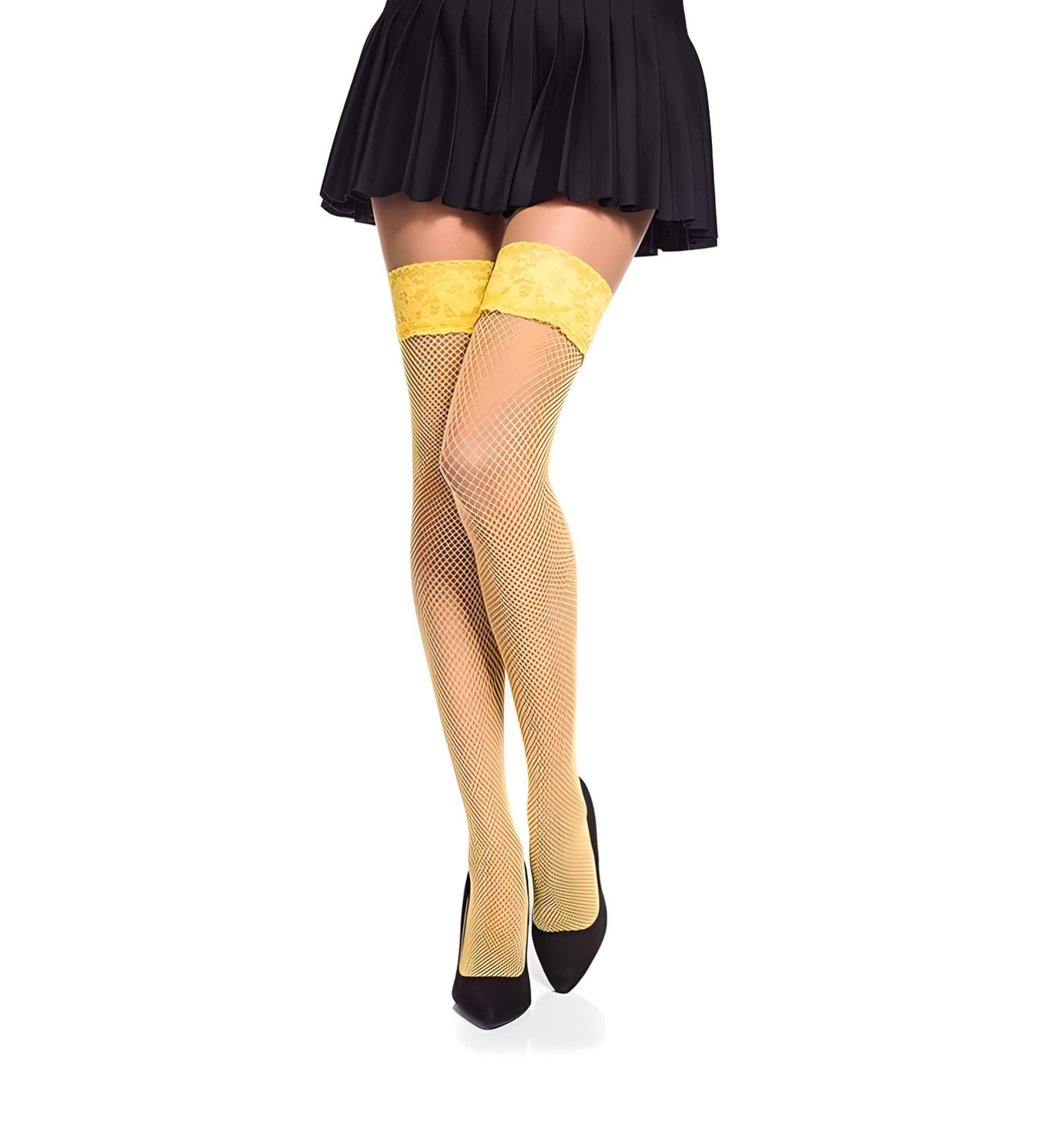 Yellow Fishnet Hold Ups Stockings Lace Top NEW XL
