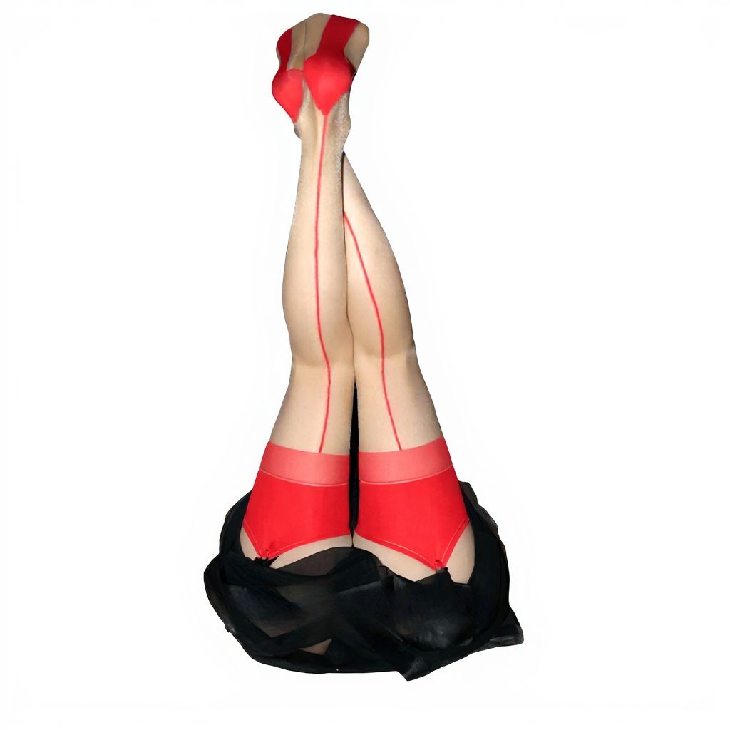 Seamed Stockings Natural and Red "The Burlesque" Medium NEW