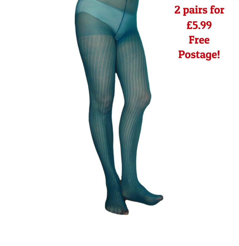 RIBBED TIGHTS 70 Denier Semi Opaque Green 2 Pairs UK One Size S/M