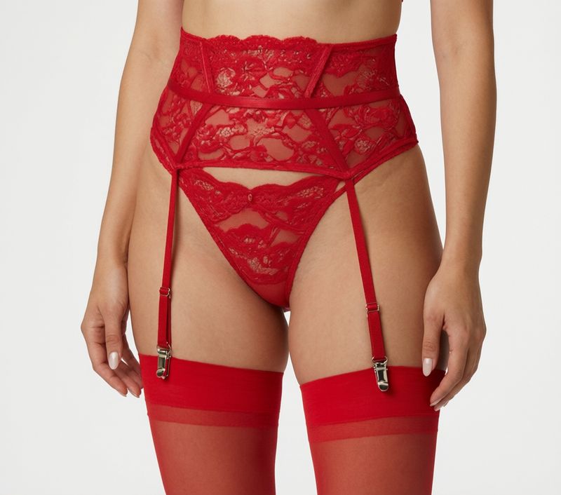Red waspie suspender  UK Medium 12-14 and sheer plain top stockings £10