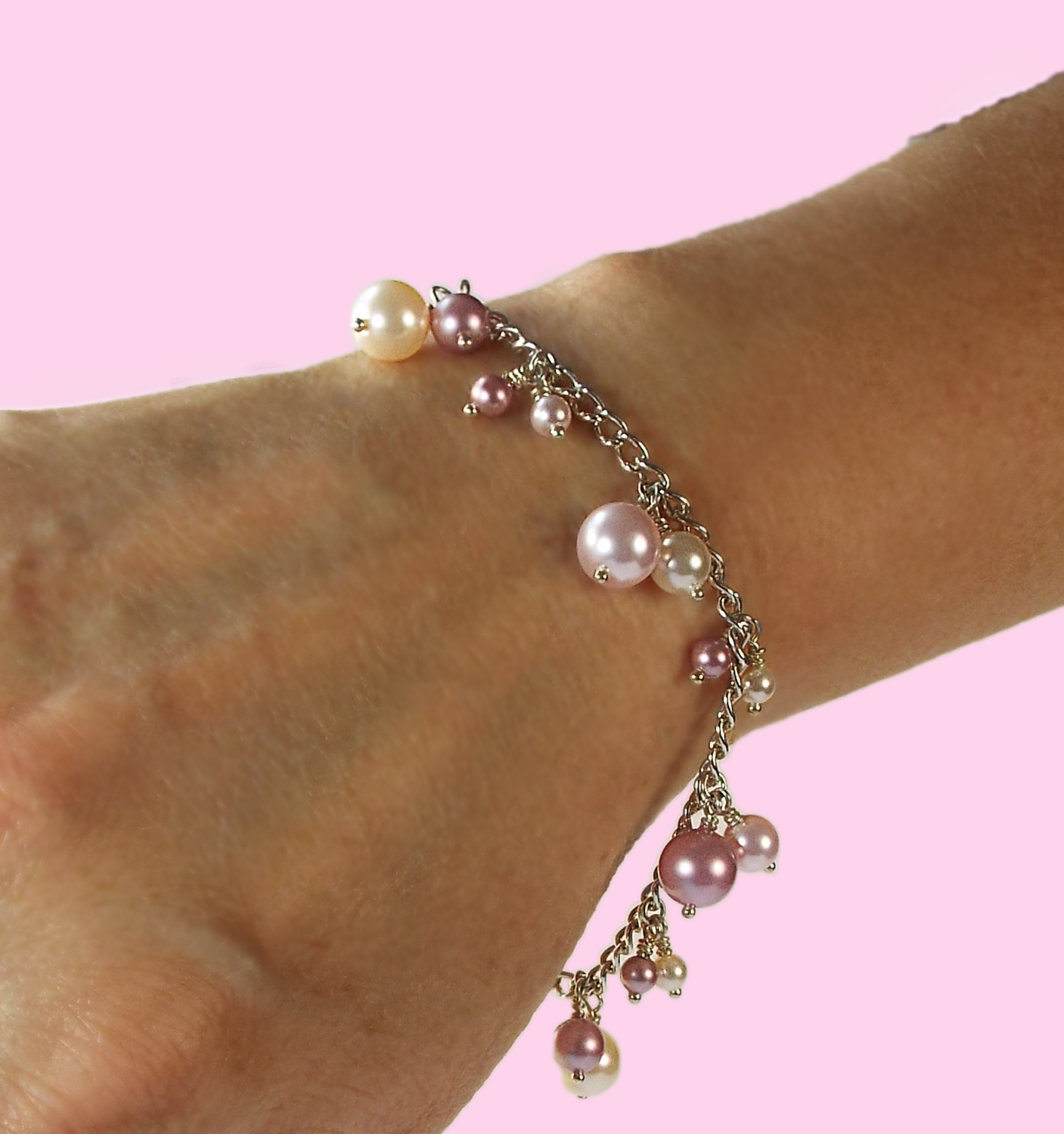 Pink Swarovski Pearl Bracelet on Sterling Silver Chain