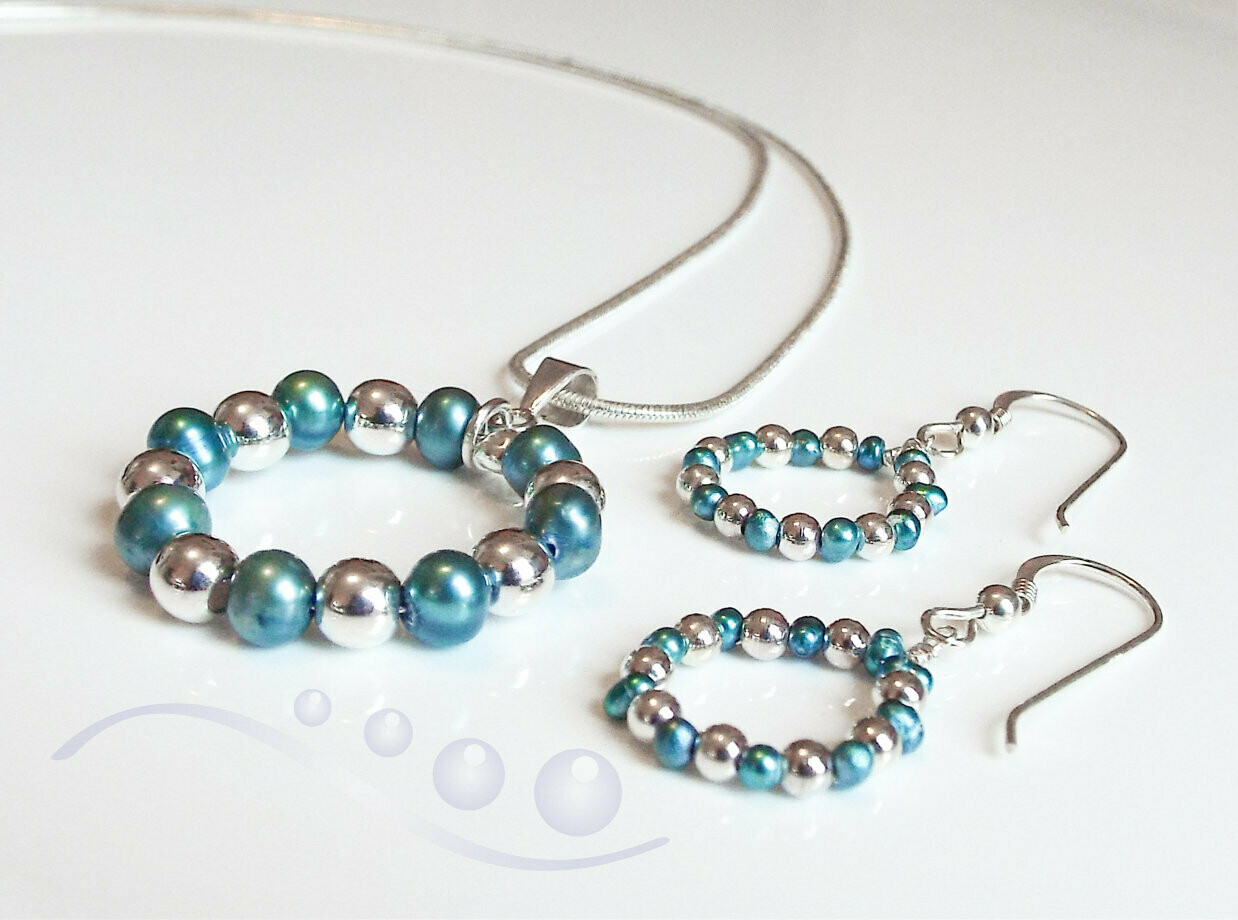 Teal and Silver Pearl Ring Gift Set