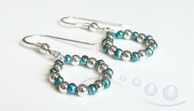 Teal Pearl and Silver Ring Earrings