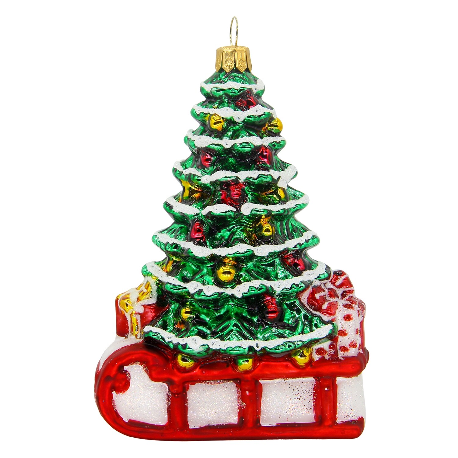 CDL Christmas Tree on Sled Hand Blown Glass Christmas Ornament G30