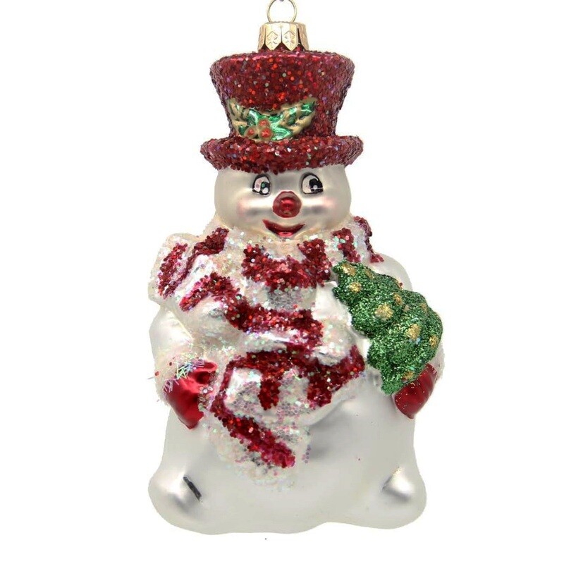 CDL Snowman Holds Green Christmas Tree Glass Blown Ornaments G21