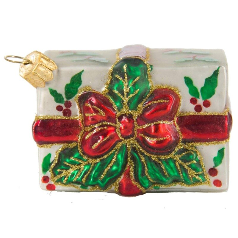 CDL Shinny White Rectangle Present Holy Leaves Box Red Band Bow Decor Blown Glass F60W