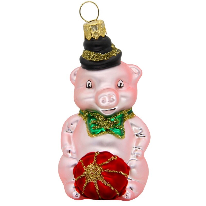 CDL Light Pink Pig Boy With Green Bow Black Hat Holds Red Balls Glass Blow Ornaments G01