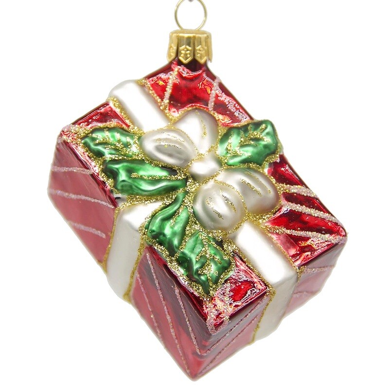 CDL Shinny Red Rectangle Present Holy Leaves Box Blown Glass Ornaments G60