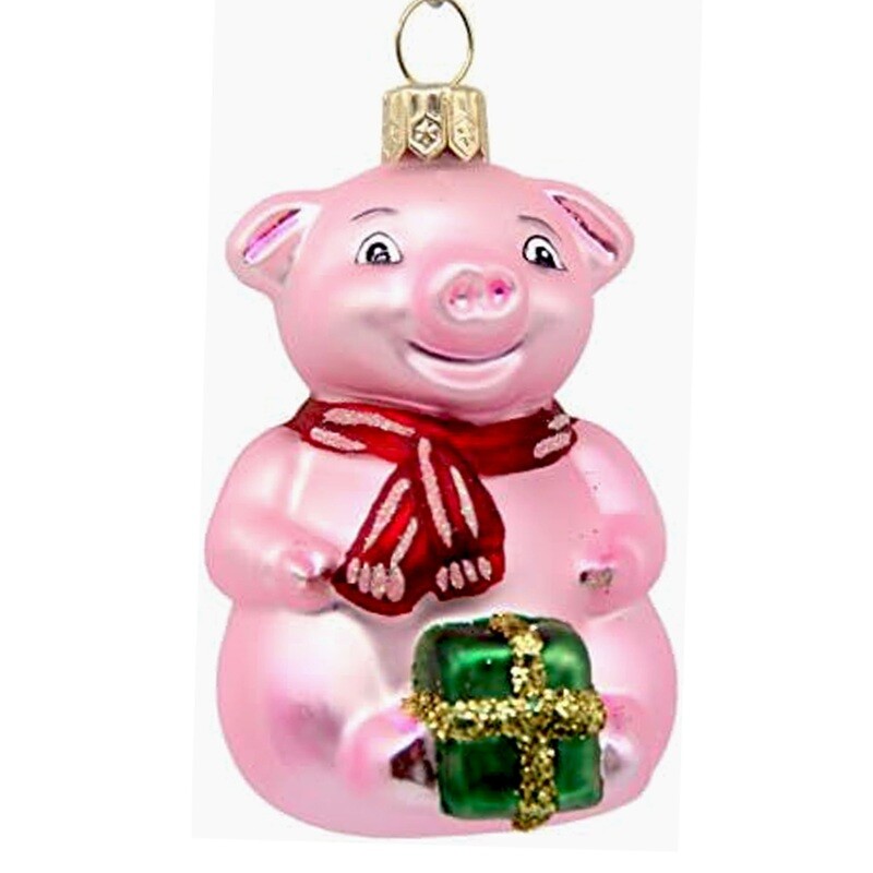 CDL  Light Pink Pig Girl With Red Bow Holds Green Gift Boxes Glass Blow Ornament G02