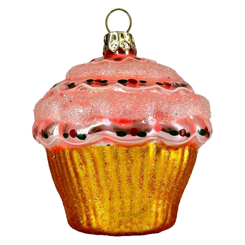 CDL Pink Cupcake Decorated With Pink Cream Golden Cup Blown Glass Ornament G43P