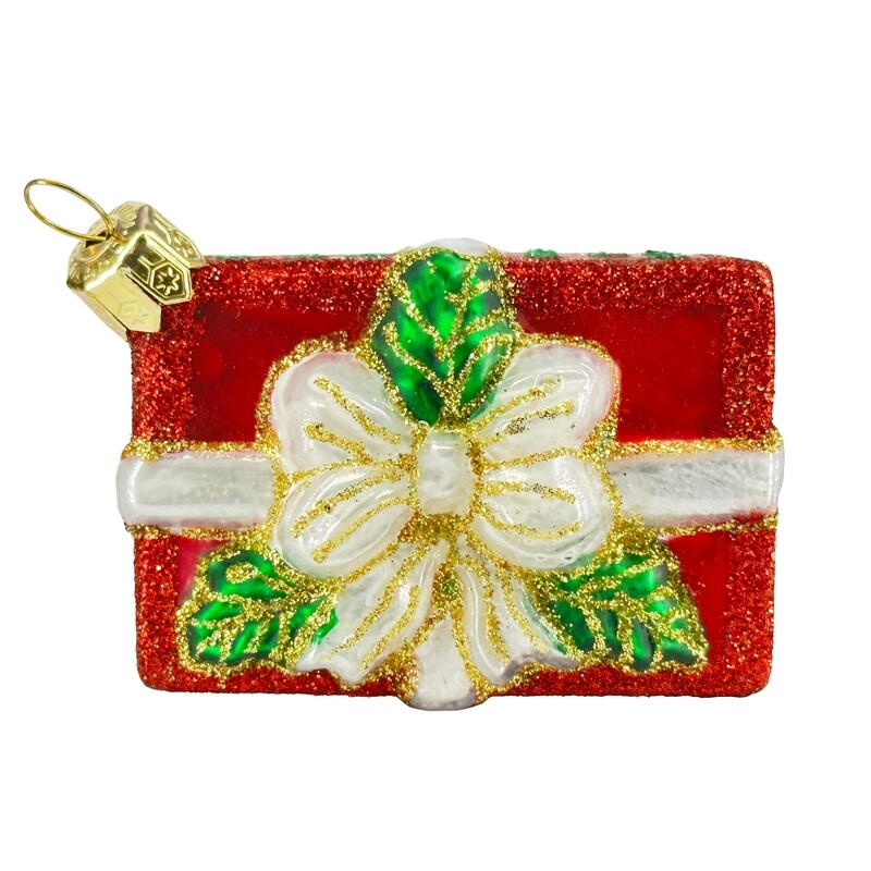 CDL White Bow red Gift Box Design Glass Blown Christmas Tree Ornaments G60D