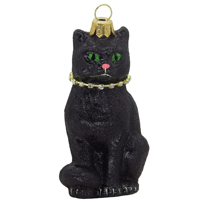 CDL Glass Blown Christmas Black Cat with Necklace Ornament G55