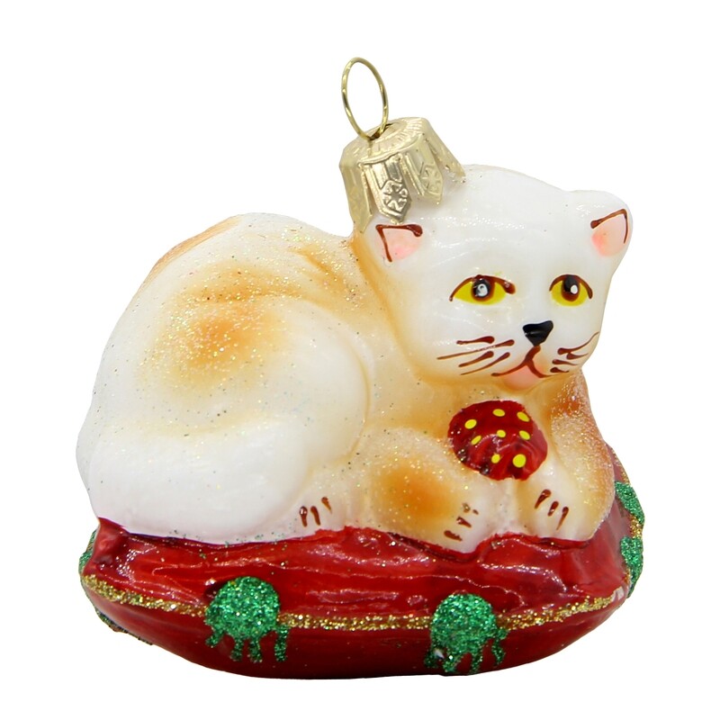 CDL Glass Blown Christmas Kitty on Pillow  Ornament G65