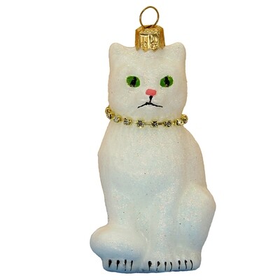 CDL Glass Blown Christmas White Cat with Necklace Ornament G53