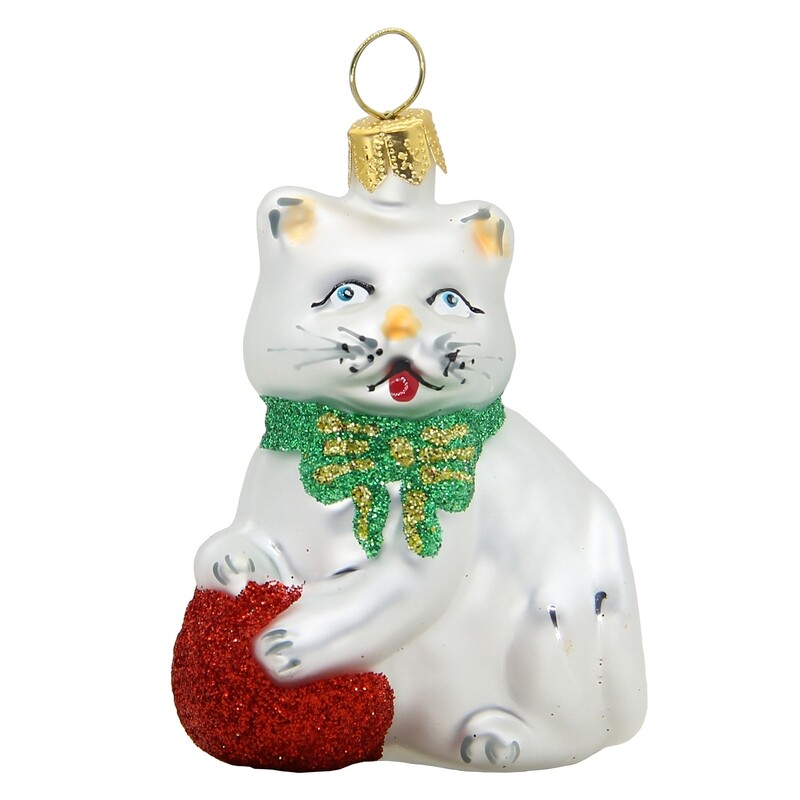 CDL Glass Blown Christmas Playing Kitty white Ornament G64