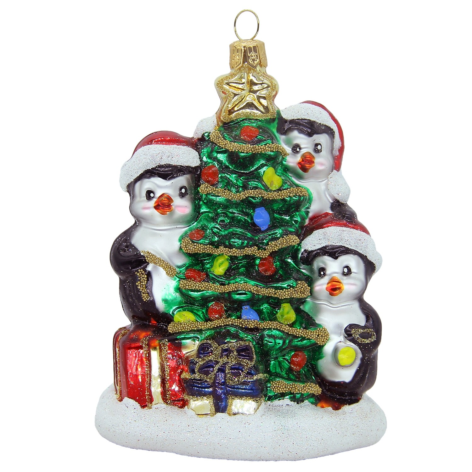 CDL Glass Blown Christmas Penquins with Christmas Tree Ornament G89