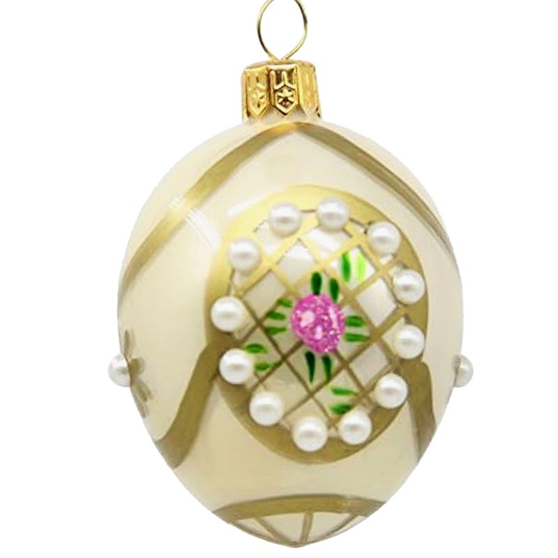 CDL Glass Blown Egg Ornaments Decorated with Flower and Pearls for Christmas Tree G96