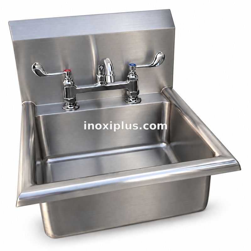 Lavabo en Acero Inoxidable con Respaldo Alto con llave Mezcladora Tipo Paleta Montada en Cubierta.