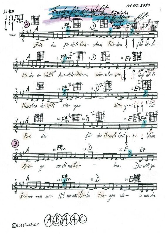 Download Song Frieden für die Welt Noten mit Rhythmus Begleitung (PDF)