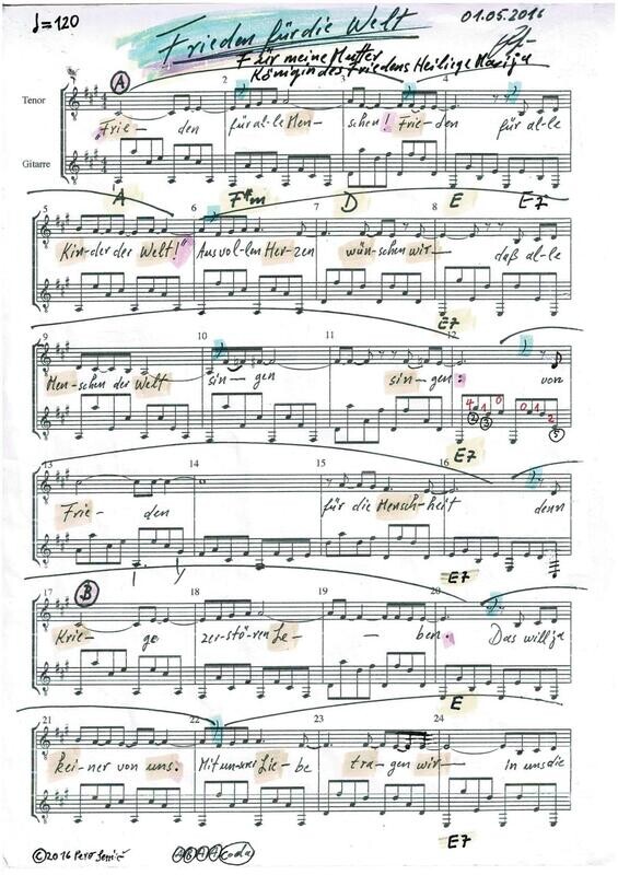 Download Song Frieden für die Welt Noten mit Zupftechnik Begleitung (PDF)