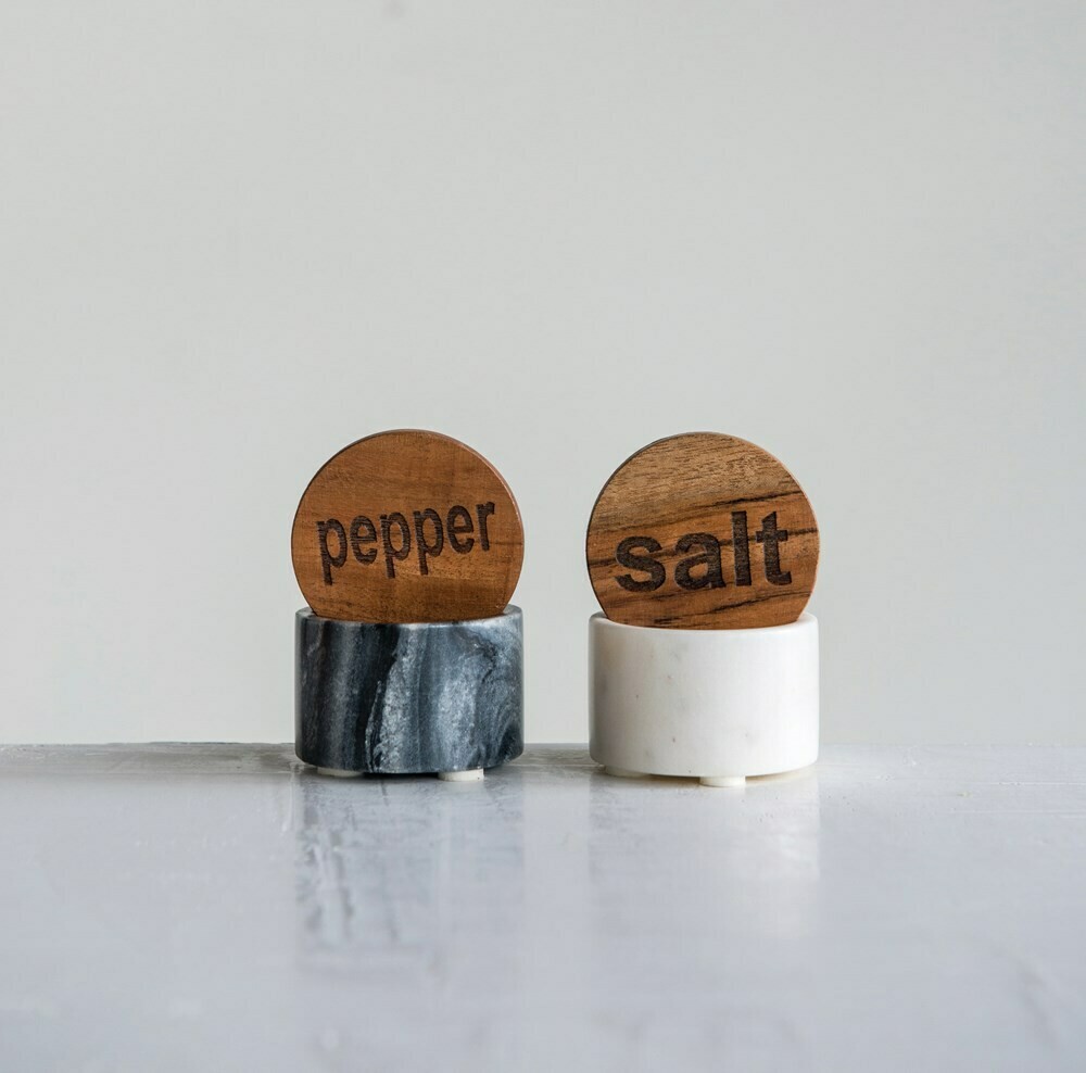 Round Marble Salt & Pepper Pot w/ Wood Lid - S/2