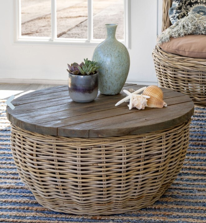Rattan Coffee Table with Wood Top
