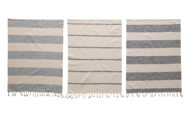 Striped Cotton Tea Towels w Tassel, S/3
