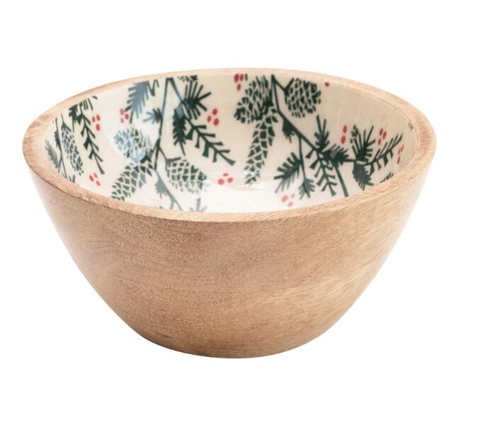 Enameled Mango Wood Bowl with Pine Pattern