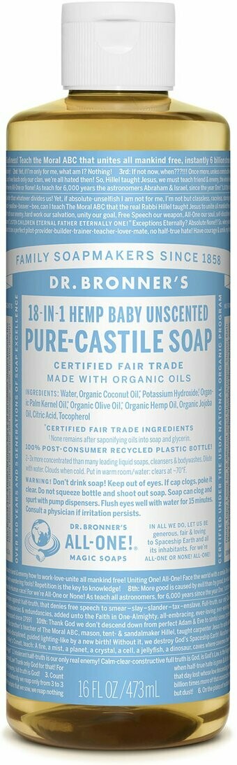 Dr. Bronner&#39;s Liquid Castile Soap 18-1 Hemp Baby Unscented 16oz