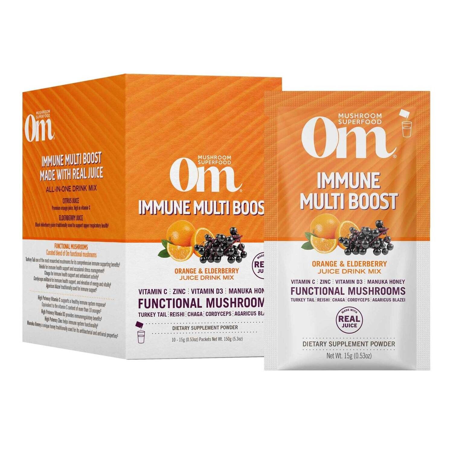 Om Mushroom Immune Multi Boost Orange Elderberry Juice Mix 10 Packets