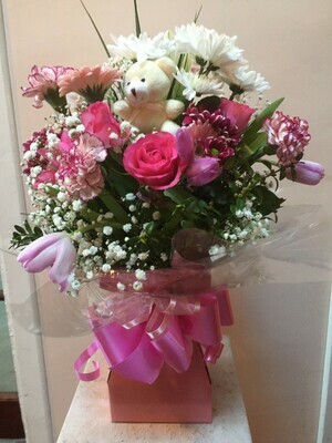 Presentation Bouquet Mixed Flowers Small c/w Bear