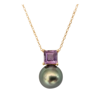 Pendant in 18k Gold with a 1.00ct Amethyst &amp; 9.70mm Pearls