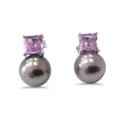 Earrings in 18k White Gold with a 2.00ct Amethyst &amp; 9mm Pearls