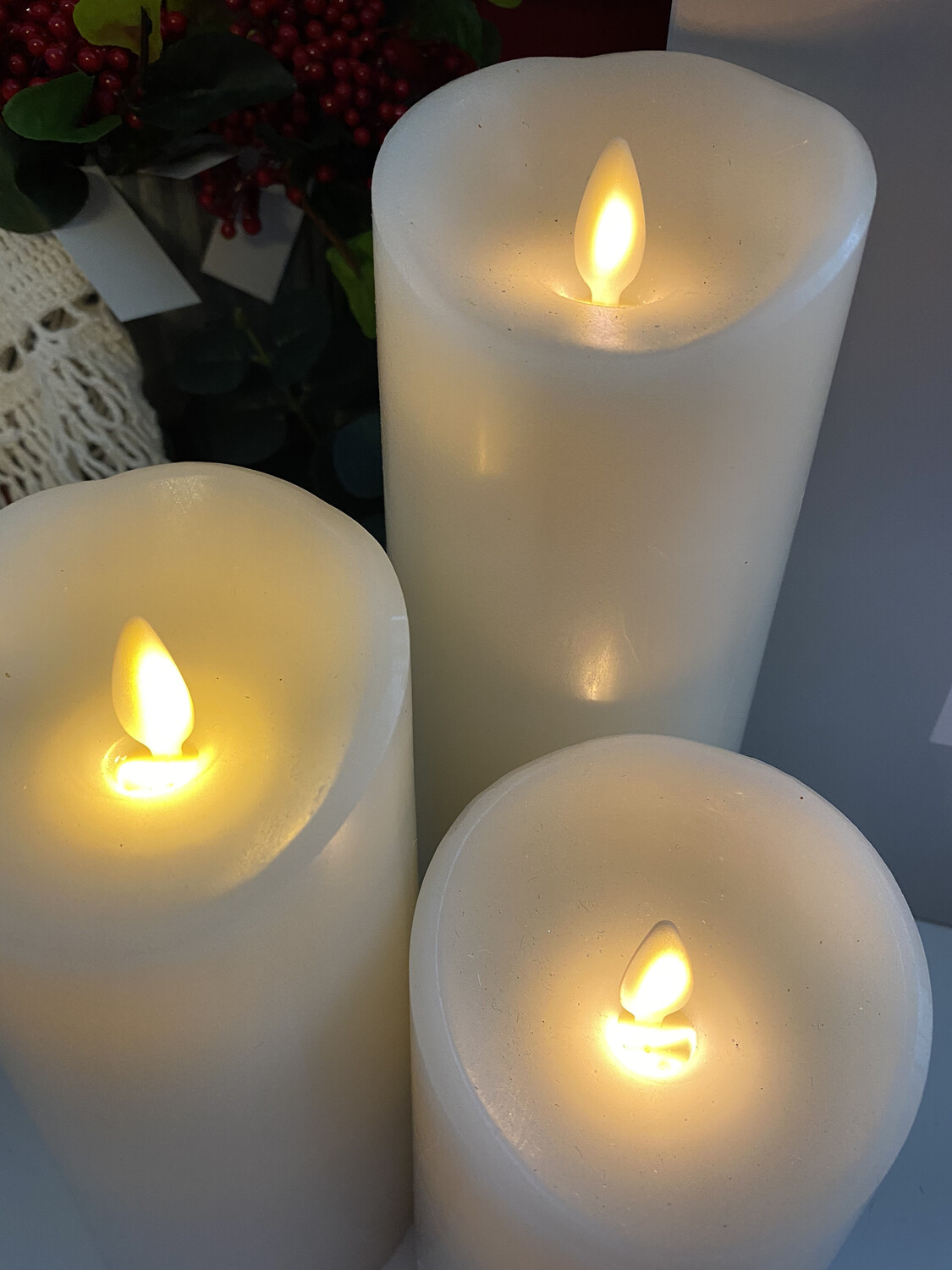 Push Flame Set Of Three Candles  4.5in, 6in, 8in/Ivory