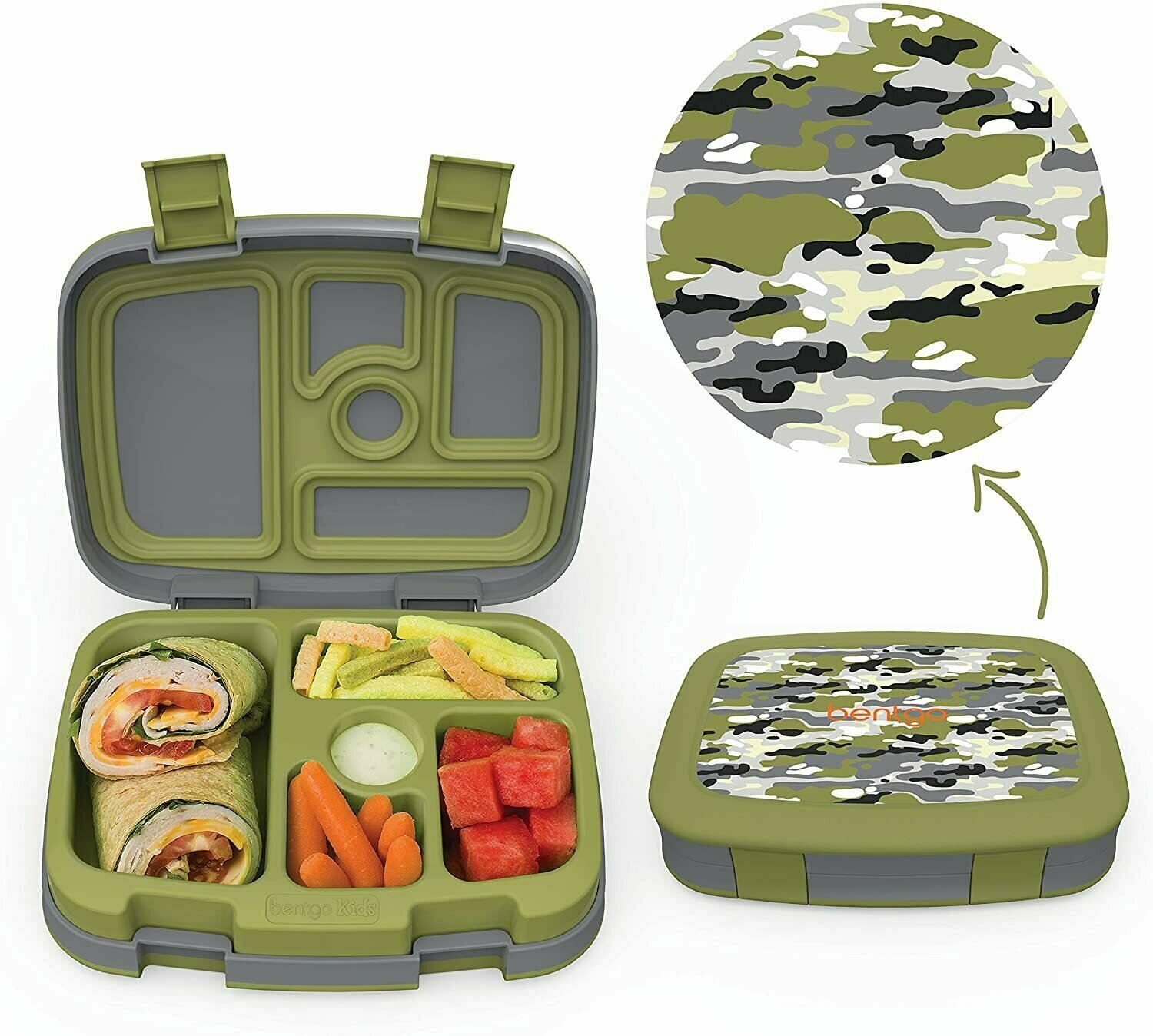 Bentgo Kids Print – Leakproof, 5 compartments Bento-Style Kids Lunch Box – Ideal size for children from 3 to 7 years old – Free of BPA and food safe materials, camouflage