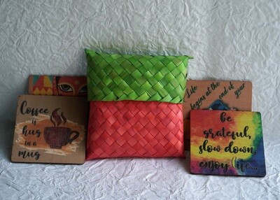 Palm Leaf Woven Handcrafted & Painted Coasters With Box (Set Of 4)