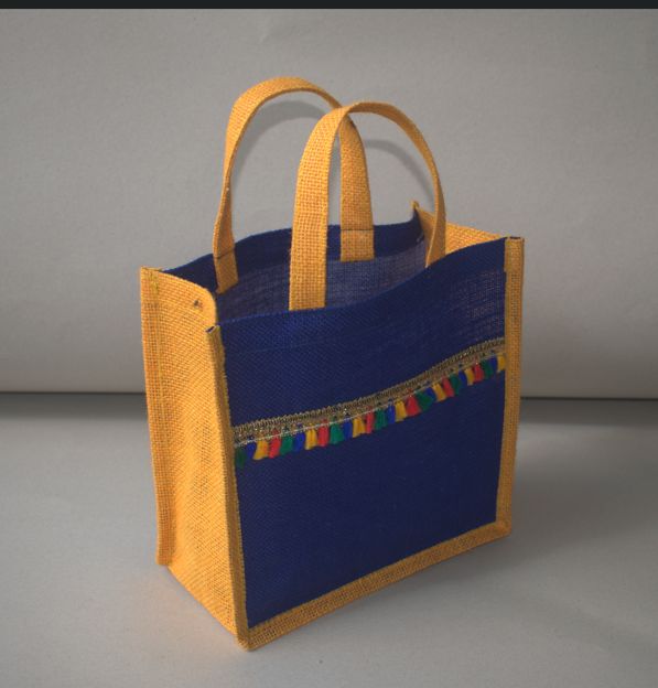 Two-Tone Jute Carry Bag – Blue & Yellow, Bold & Eco-Friendly
