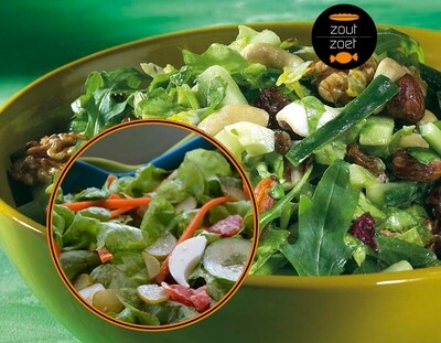 Groen slaatje (sla, tuinkers, tomaat, ei, maïs, wortel, selder, asperges, aardappelsla)