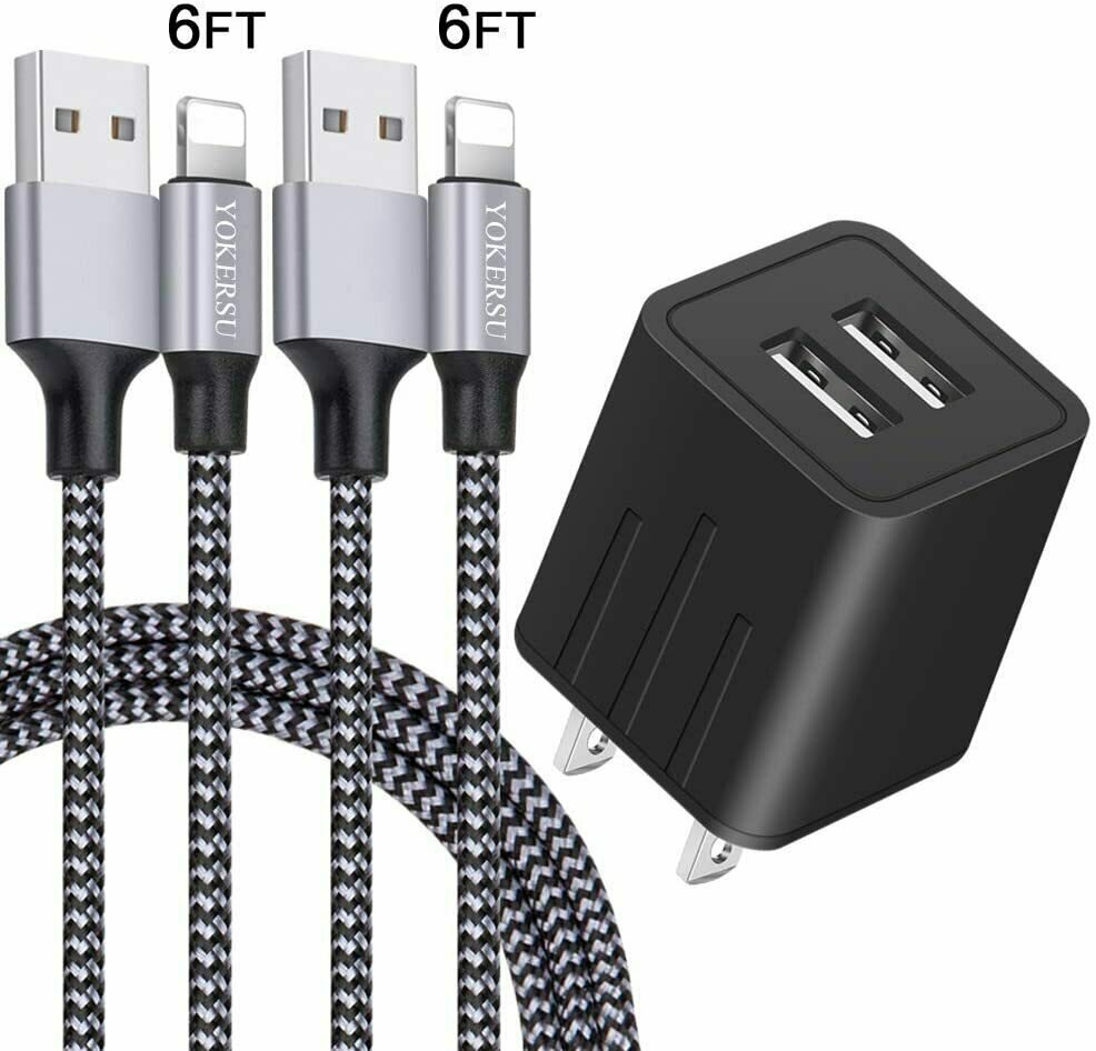 iPhone Charger YOKERSU Nylon Braided Lightning Cable Fast Charging 2Pack 6FT Data Sync Transfer Cord with Port Plug Wall Charger