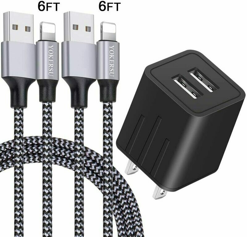 iPhone Charger YOKERSU Nylon Braided Lightning Cable Fast Charging 2Pack 6FT Data Sync Transfer Cord with Port Plug Wall Charger